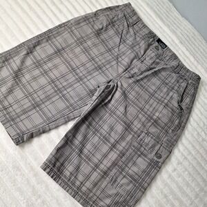 Vans Y2K Skater Long Canvas Cargo Shorts Mens 34 Gray Plaid Rip Stop Street Wear